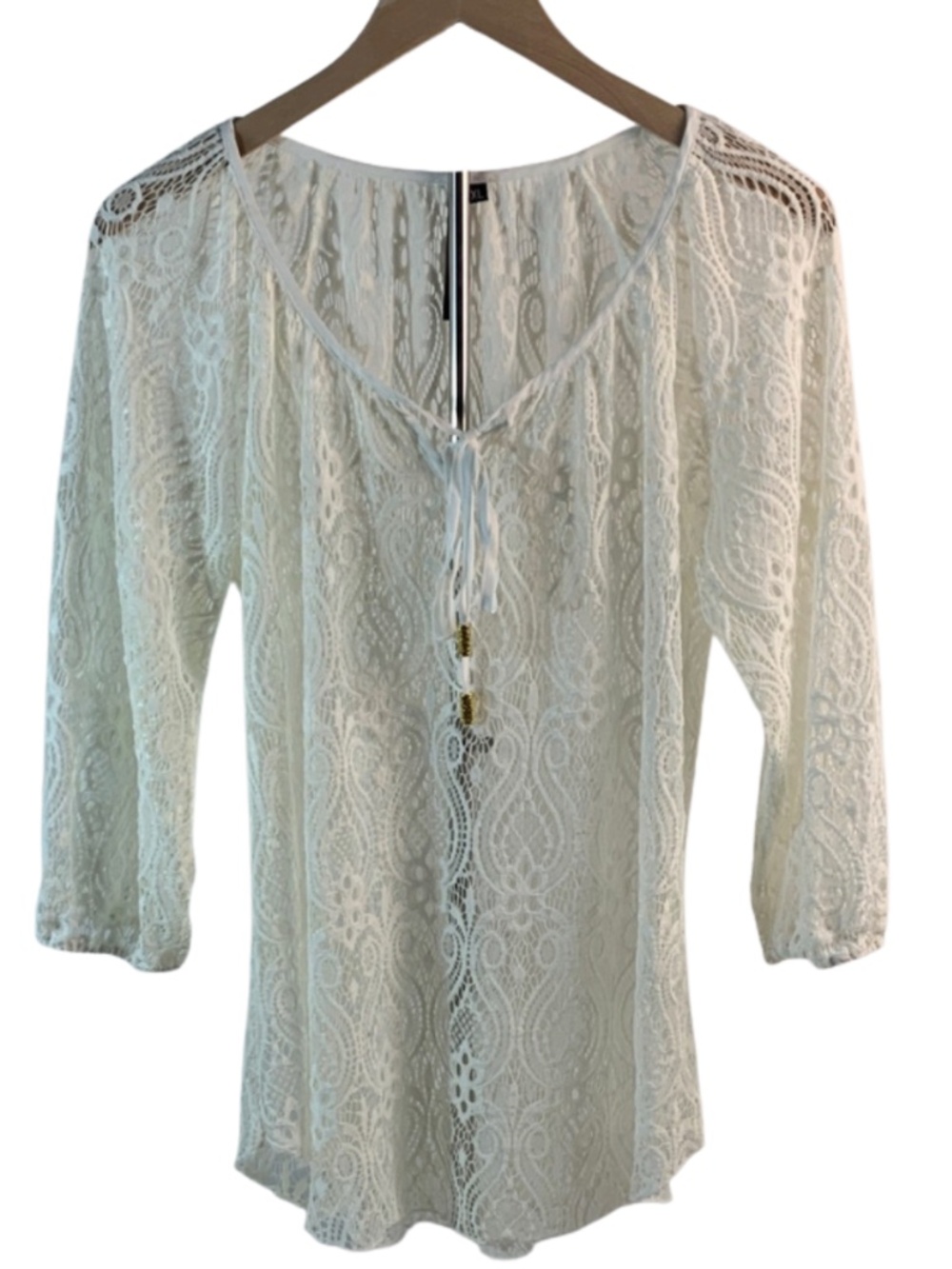 Kay Celine Cream Lace Knit See-Through Nylon Tunic Women's XL Boho Peasant Fairy